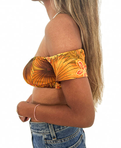 RE-WORKED OFF THE SHOULDER ORANGE MINI CROP / XS - S