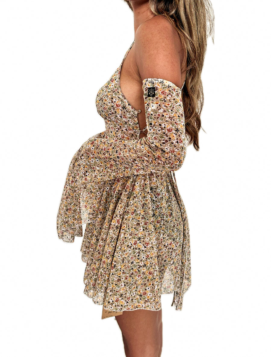 PIXIE DRESS & SLEEVES - ONE-OFF - BROWN FLORAL  / XS